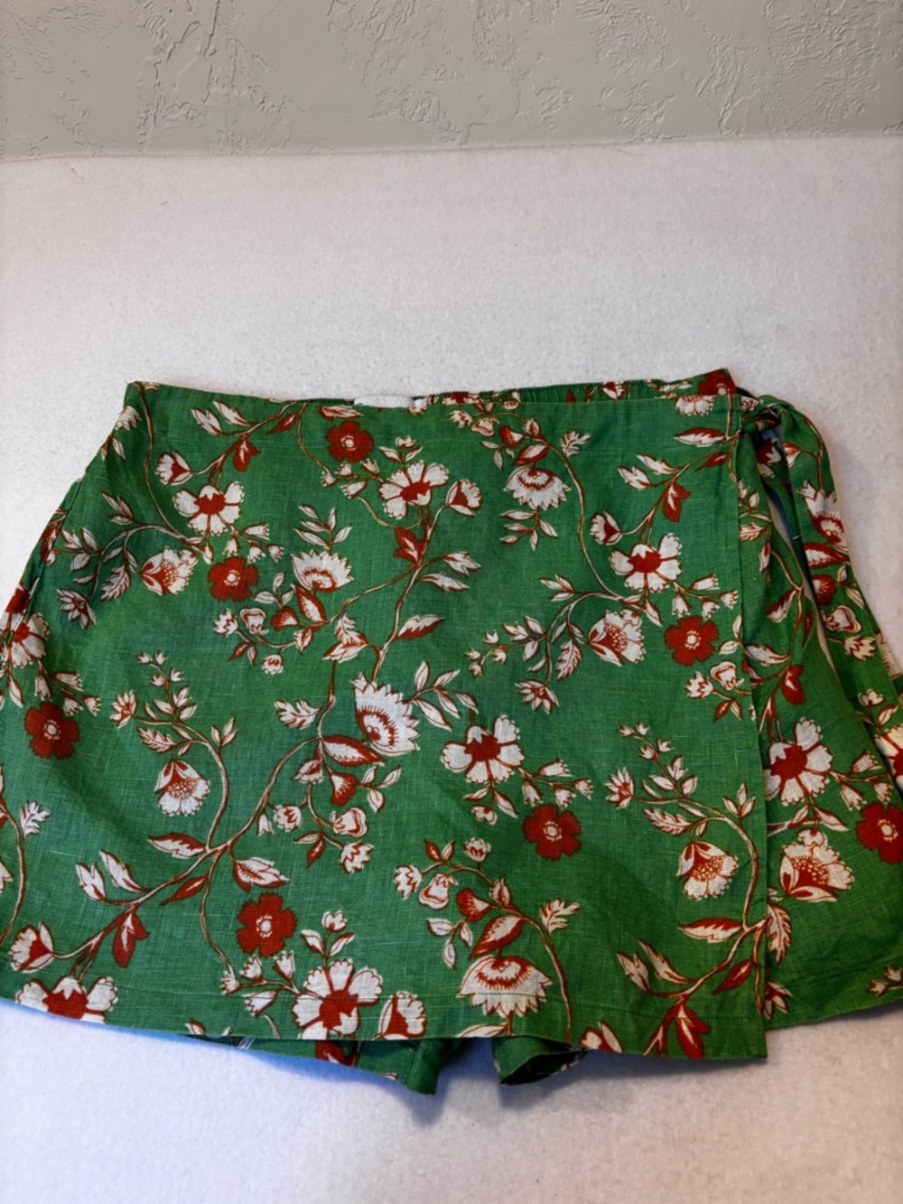 C&C California Linen Floral Wrap Skort Green Orange Tie Waist Size L